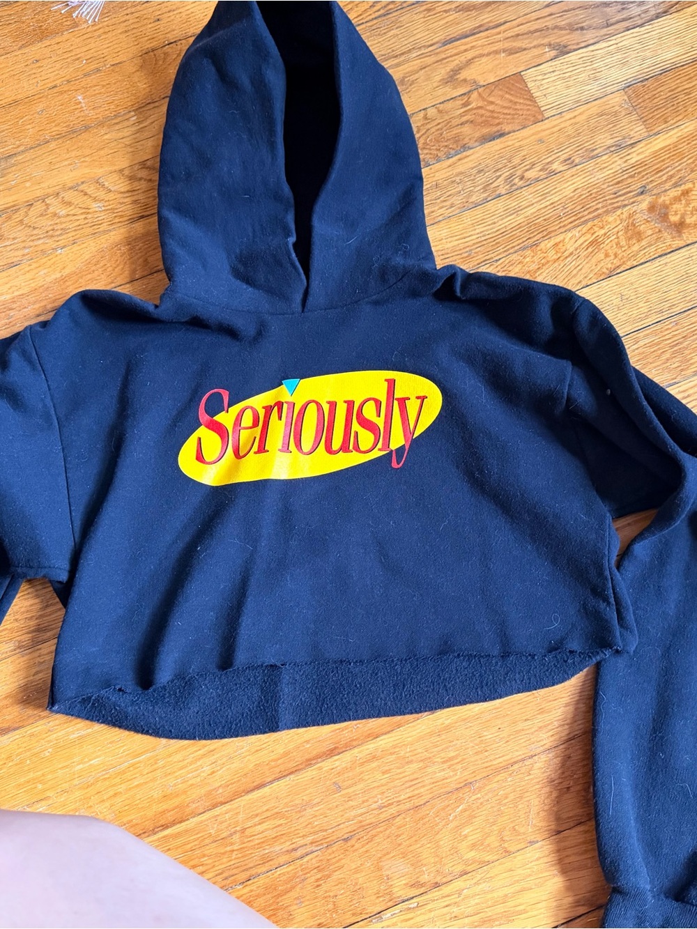 Urban Outfitters Black Cropped Hoodie with Yellow & Red 'Seriously' Graphic
